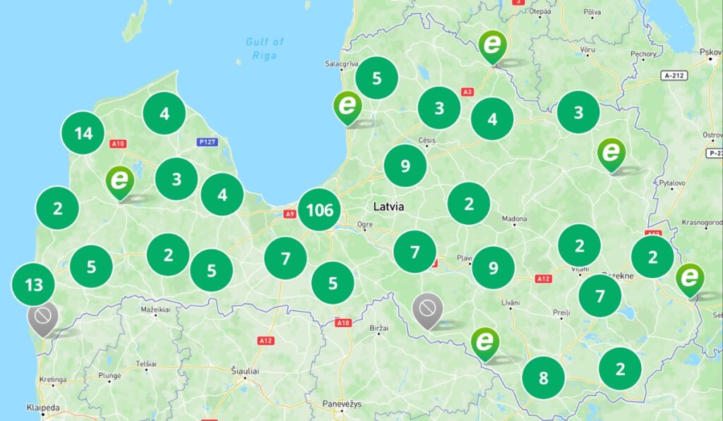 Elektroauto uzlādes stacijas, Latvijas karte