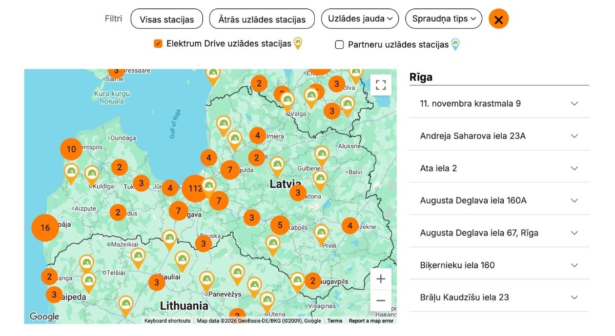 Elektrum Drive elektroauto uzlāde karte