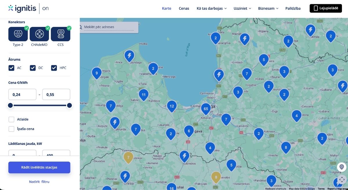 Ignitis ON elektroauto uzlāde karte