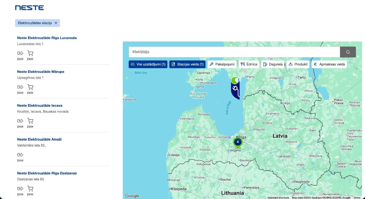 Neste elektroauto uzlāde karte