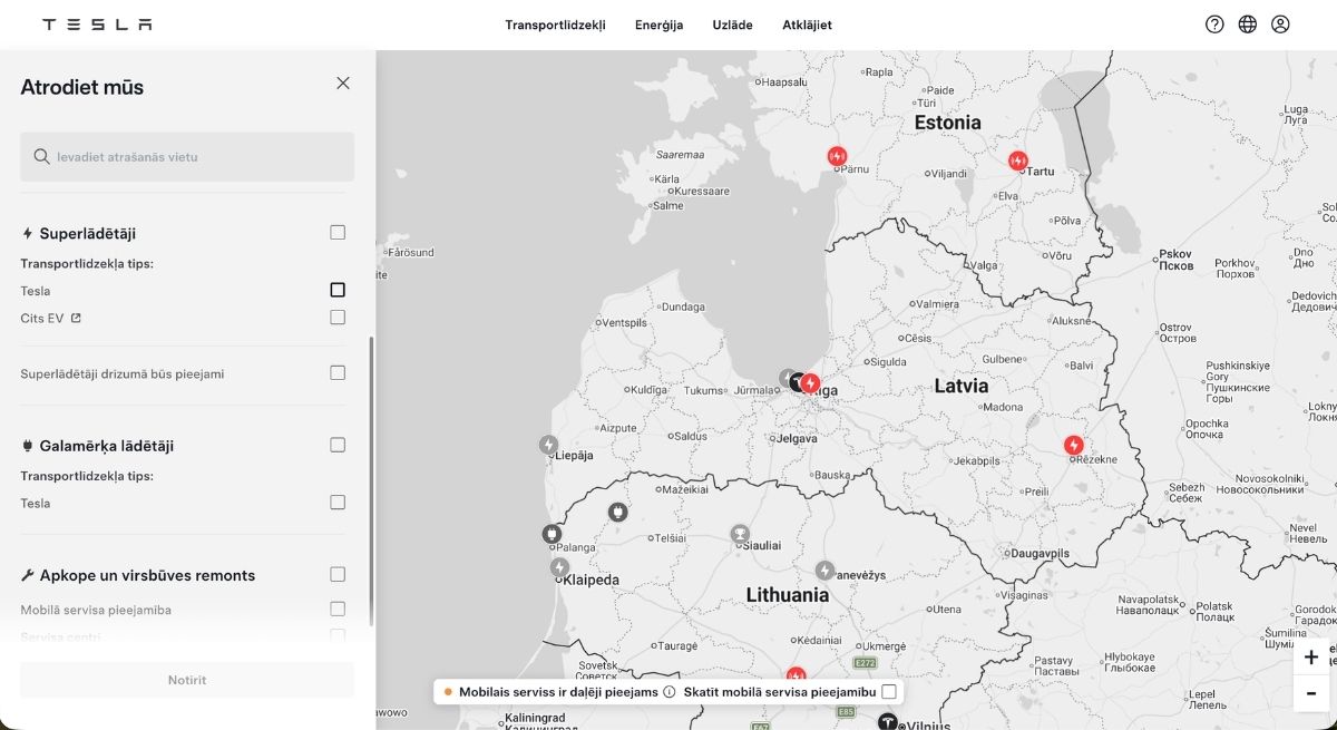 Tesla Supercharger elektroauto uzlādes karte