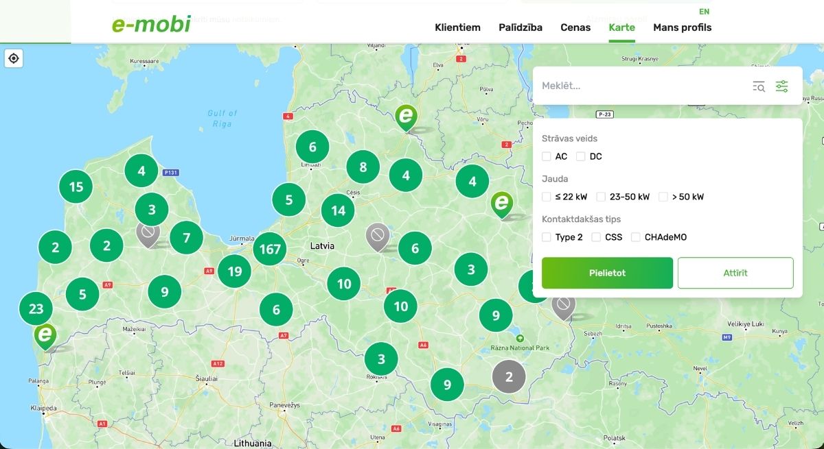 e-mobi CSDD elektroauto uzlādes stacijas karte